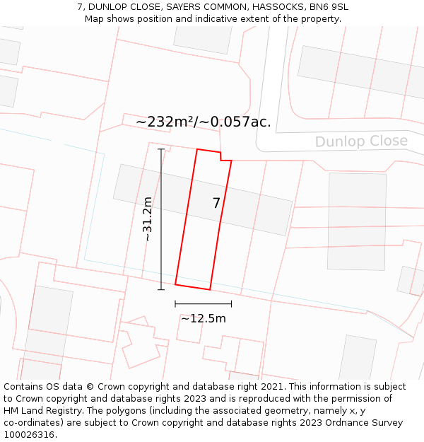 7, DUNLOP CLOSE, SAYERS COMMON, HASSOCKS, BN6 9SL: Plot and title map