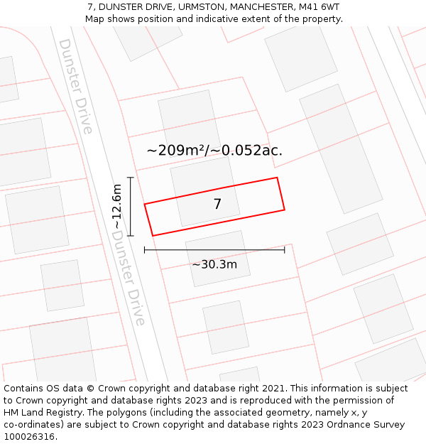 7, DUNSTER DRIVE, URMSTON, MANCHESTER, M41 6WT: Plot and title map