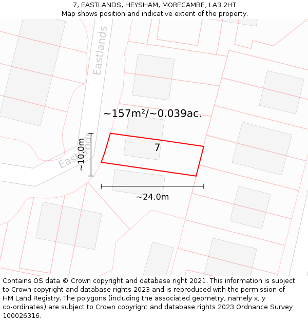 7, EASTLANDS, HEYSHAM, MORECAMBE, LA3 2HT: Plot and title map