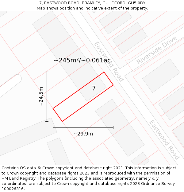 7, EASTWOOD ROAD, BRAMLEY, GUILDFORD, GU5 0DY: Plot and title map