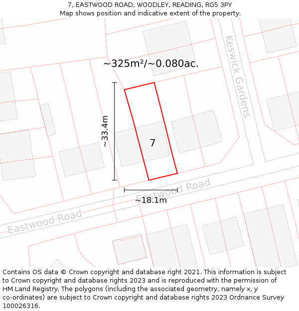 7, EASTWOOD ROAD, WOODLEY, READING, RG5 3PY: Plot and title map