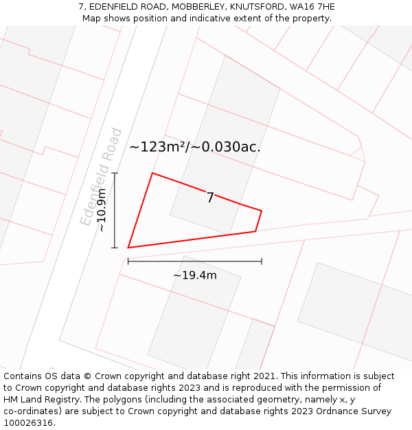 7, EDENFIELD ROAD, MOBBERLEY, KNUTSFORD, WA16 7HE: Plot and title map