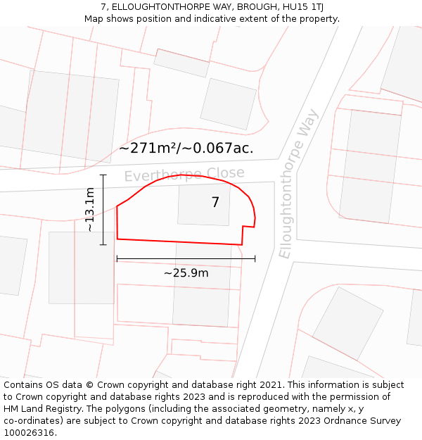 7, ELLOUGHTONTHORPE WAY, BROUGH, HU15 1TJ: Plot and title map