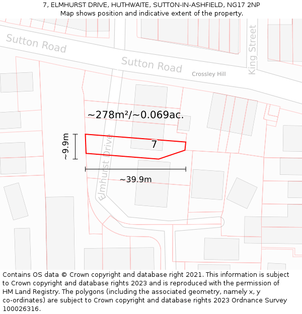 7, ELMHURST DRIVE, HUTHWAITE, SUTTON-IN-ASHFIELD, NG17 2NP: Plot and title map