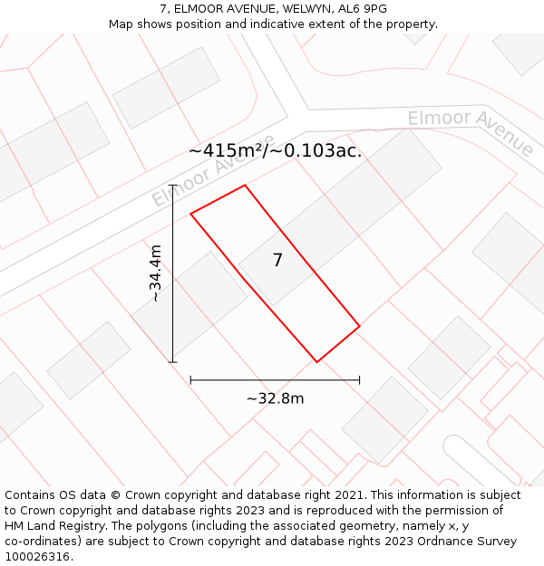 7, ELMOOR AVENUE, WELWYN, AL6 9PG: Plot and title map