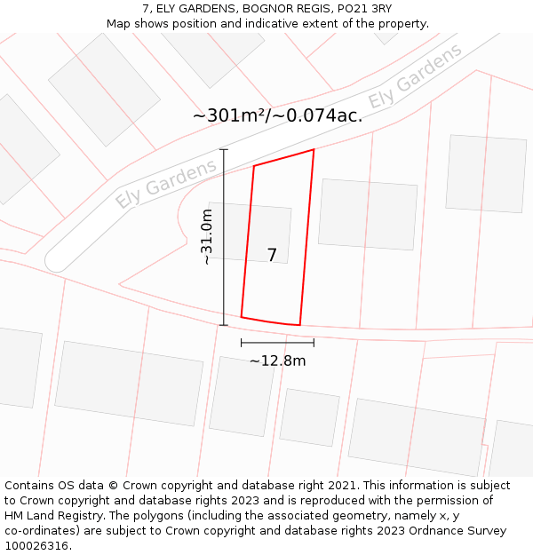 7, ELY GARDENS, BOGNOR REGIS, PO21 3RY: Plot and title map