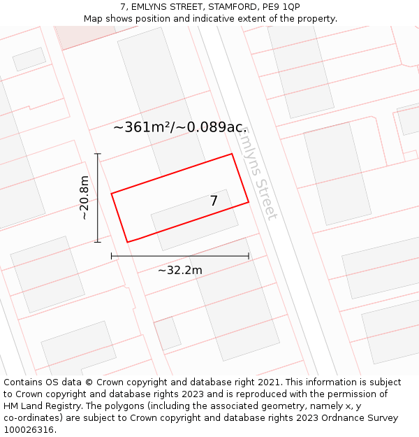 7, EMLYNS STREET, STAMFORD, PE9 1QP: Plot and title map