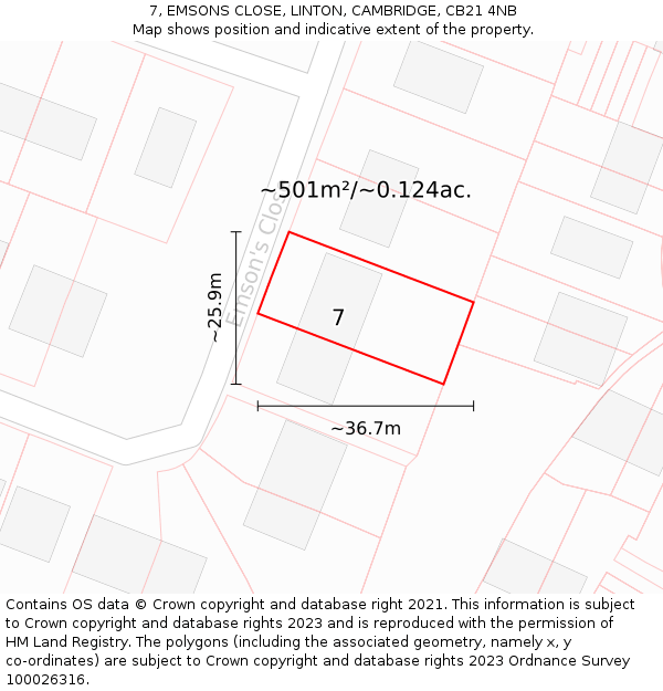 7, EMSONS CLOSE, LINTON, CAMBRIDGE, CB21 4NB: Plot and title map