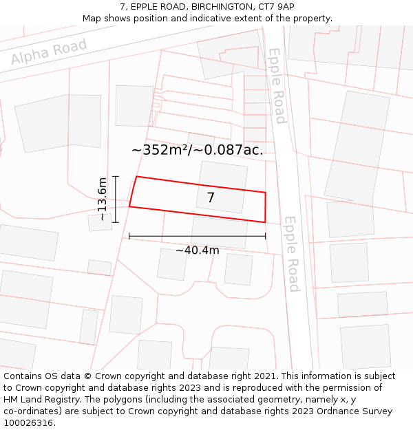 7, EPPLE ROAD, BIRCHINGTON, CT7 9AP: Plot and title map