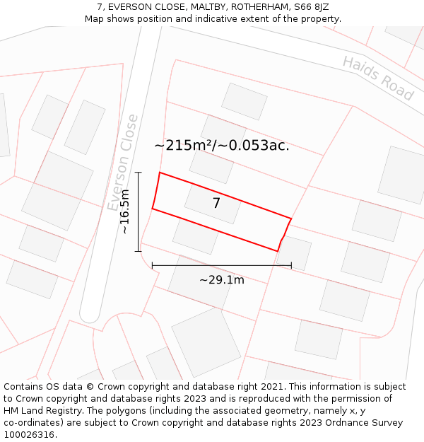 7, EVERSON CLOSE, MALTBY, ROTHERHAM, S66 8JZ: Plot and title map