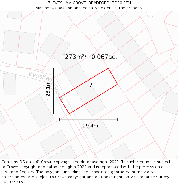 7, EVESHAM GROVE, BRADFORD, BD10 8TN: Plot and title map