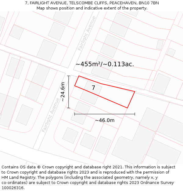 7, FAIRLIGHT AVENUE, TELSCOMBE CLIFFS, PEACEHAVEN, BN10 7BN: Plot and title map