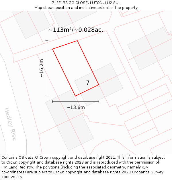 7, FELBRIGG CLOSE, LUTON, LU2 8UL: Plot and title map