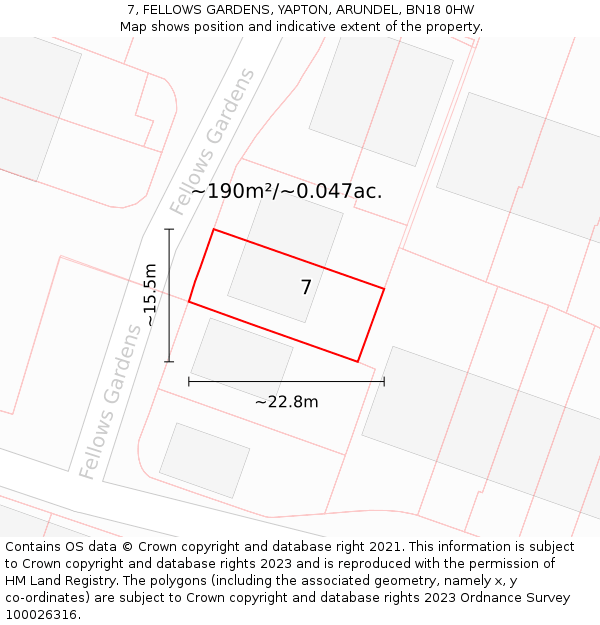 7, FELLOWS GARDENS, YAPTON, ARUNDEL, BN18 0HW: Plot and title map