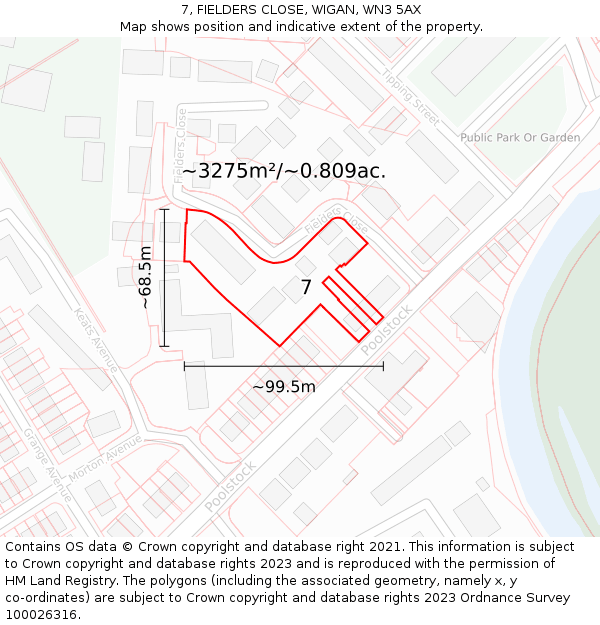 7, FIELDERS CLOSE, WIGAN, WN3 5AX: Plot and title map