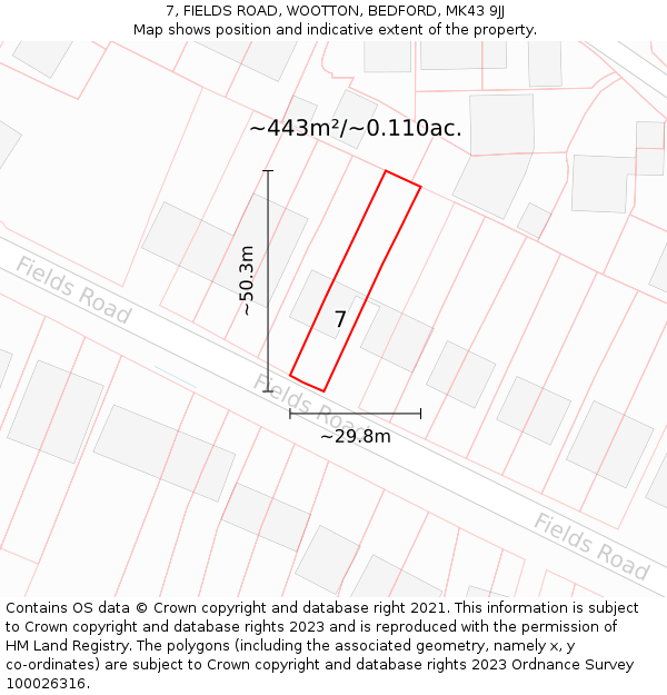 7, FIELDS ROAD, WOOTTON, BEDFORD, MK43 9JJ: Plot and title map