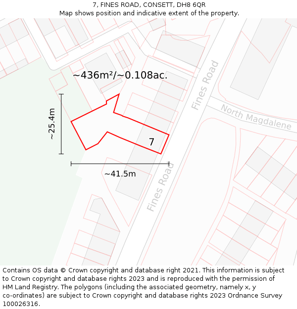 7, FINES ROAD, CONSETT, DH8 6QR: Plot and title map