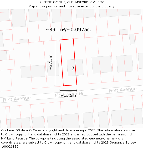 7, FIRST AVENUE, CHELMSFORD, CM1 1RX: Plot and title map