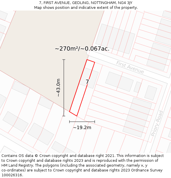 7, FIRST AVENUE, GEDLING, NOTTINGHAM, NG4 3JY: Plot and title map