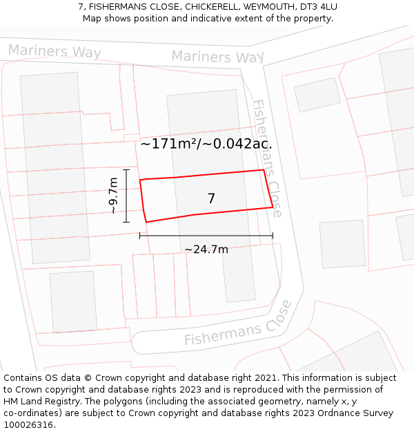 7, FISHERMANS CLOSE, CHICKERELL, WEYMOUTH, DT3 4LU: Plot and title map