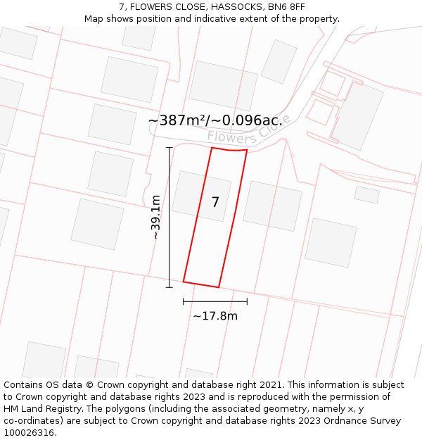 7, FLOWERS CLOSE, HASSOCKS, BN6 8FF: Plot and title map