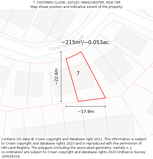 7, FOOTMAN CLOSE, ASTLEY, MANCHESTER, M29 7SR: Plot and title map