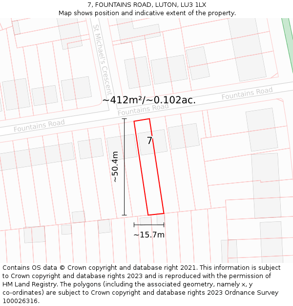 7, FOUNTAINS ROAD, LUTON, LU3 1LX: Plot and title map