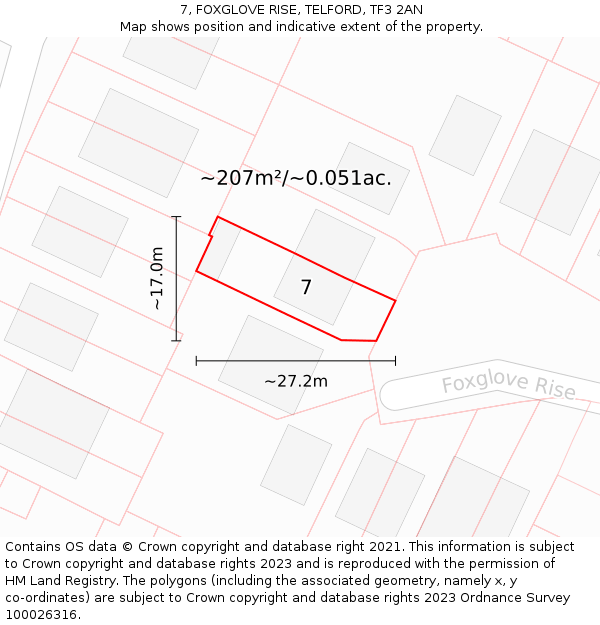 7, FOXGLOVE RISE, TELFORD, TF3 2AN: Plot and title map