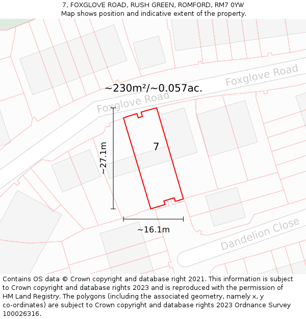 7, FOXGLOVE ROAD, RUSH GREEN, ROMFORD, RM7 0YW: Plot and title map