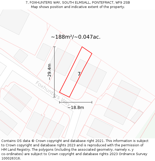 7, FOXHUNTERS WAY, SOUTH ELMSALL, PONTEFRACT, WF9 2SB: Plot and title map