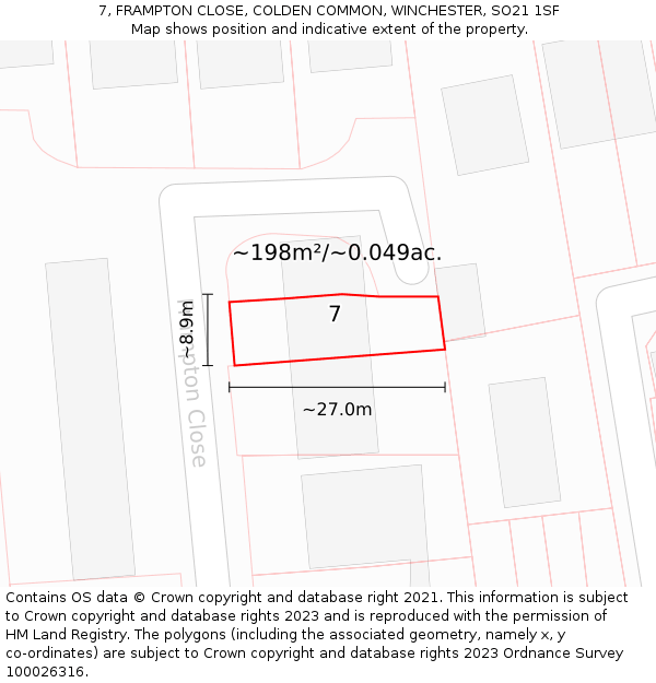 7, FRAMPTON CLOSE, COLDEN COMMON, WINCHESTER, SO21 1SF: Plot and title map
