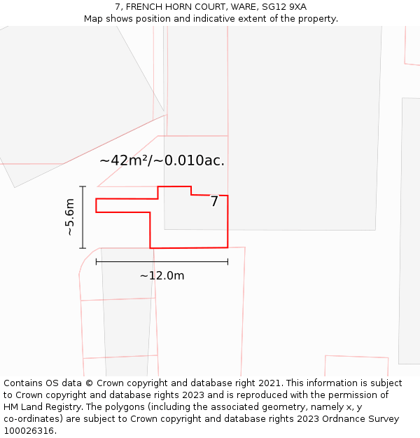 7, FRENCH HORN COURT, WARE, SG12 9XA: Plot and title map