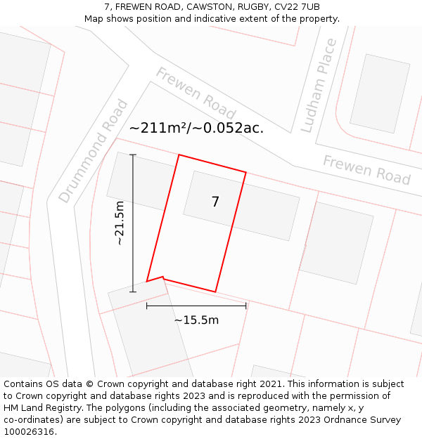 7, FREWEN ROAD, CAWSTON, RUGBY, CV22 7UB: Plot and title map