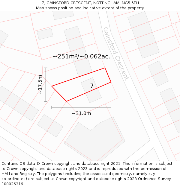 7, GAINSFORD CRESCENT, NOTTINGHAM, NG5 5FH: Plot and title map