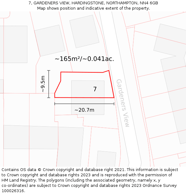 7, GARDENERS VIEW, HARDINGSTONE, NORTHAMPTON, NN4 6GB: Plot and title map