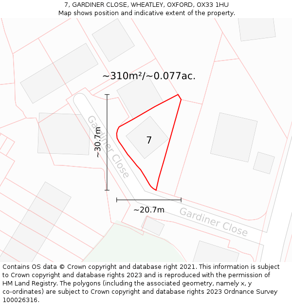 7, GARDINER CLOSE, WHEATLEY, OXFORD, OX33 1HU: Plot and title map