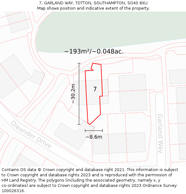 7, GARLAND WAY, TOTTON, SOUTHAMPTON, SO40 8XU: Plot and title map