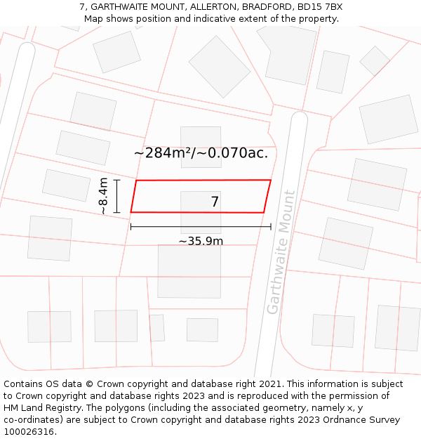 7, GARTHWAITE MOUNT, ALLERTON, BRADFORD, BD15 7BX: Plot and title map