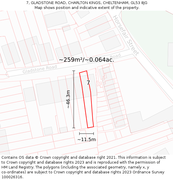 7, GLADSTONE ROAD, CHARLTON KINGS, CHELTENHAM, GL53 8JG: Plot and title map