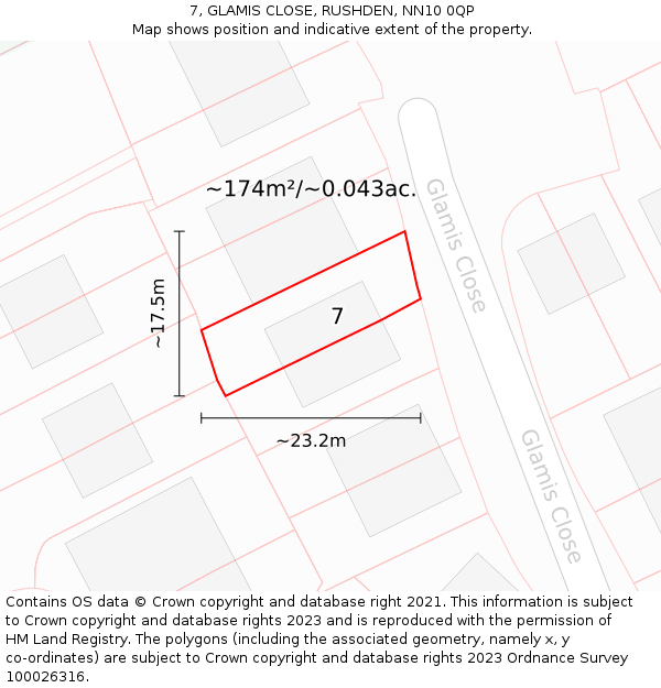 7, GLAMIS CLOSE, RUSHDEN, NN10 0QP: Plot and title map