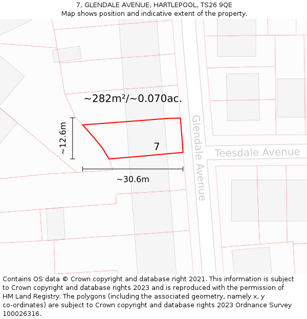 7, GLENDALE AVENUE, HARTLEPOOL, TS26 9QE: Plot and title map