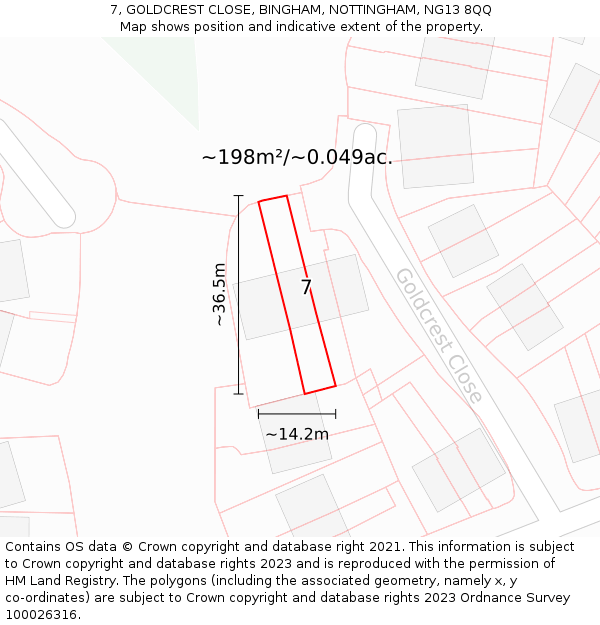 7, GOLDCREST CLOSE, BINGHAM, NOTTINGHAM, NG13 8QQ: Plot and title map