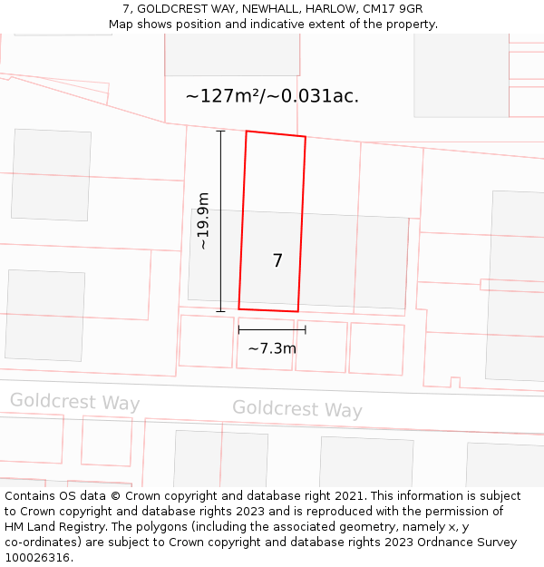 7, GOLDCREST WAY, NEWHALL, HARLOW, CM17 9GR: Plot and title map