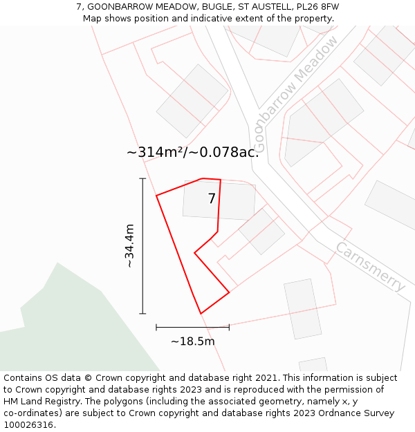 7, GOONBARROW MEADOW, BUGLE, ST AUSTELL, PL26 8FW: Plot and title map