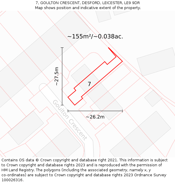 7, GOULTON CRESCENT, DESFORD, LEICESTER, LE9 9DR: Plot and title map