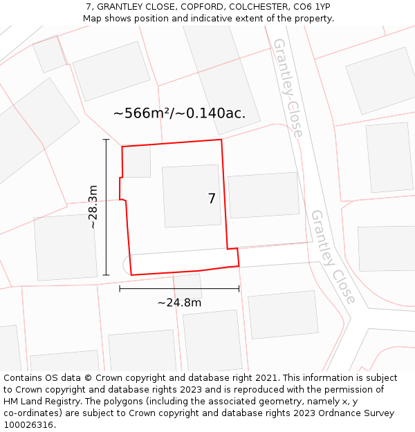 7, GRANTLEY CLOSE, COPFORD, COLCHESTER, CO6 1YP: Plot and title map