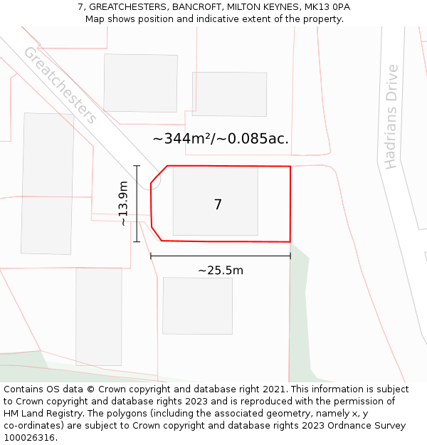 7, GREATCHESTERS, BANCROFT, MILTON KEYNES, MK13 0PA: Plot and title map