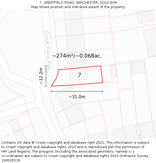 7, GREATFIELD ROAD, WINCHESTER, SO22 6HN: Plot and title map