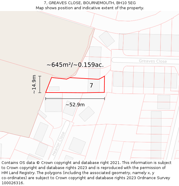 7, GREAVES CLOSE, BOURNEMOUTH, BH10 5EG: Plot and title map