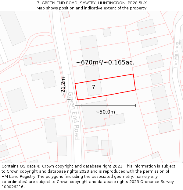 7, GREEN END ROAD, SAWTRY, HUNTINGDON, PE28 5UX: Plot and title map